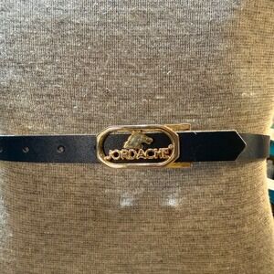 Jordache Black Leather Belt with Gold Horse Logo Buckle